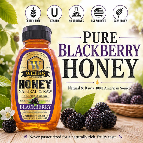 100% 16 oz Weeks Honey Farm Raw & Unfiltered Blackberry Honey, Organic, Kosher-Certified, Gluten-Free, All-Natural