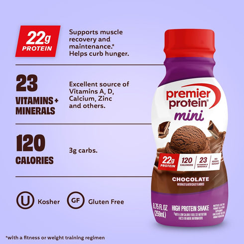 22g 120 8.75 oz, 12 Pack Premier Protein Shake MINIs, Chocolate, Protein, Calories, No Added Sugar, fl