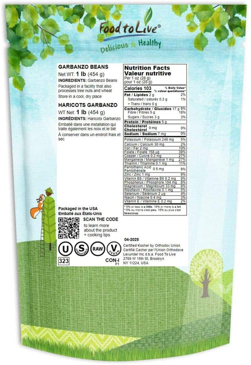 1 Food to Live - Garbanzo Beans, Pound Whole Dried Raw Chickpeas, Kosher, Vegan, Bulk, Sproutable, Low Sodium, Good