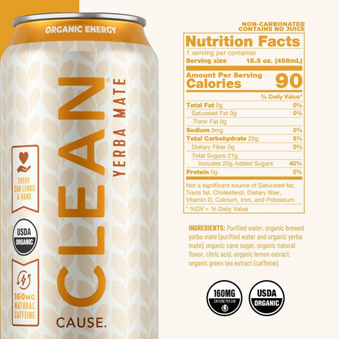 160mg (15.5oz 12-Pack CLEAN Cause Lemonade and Tea Yerba Mate Tea Non-Carbonated, USDA Organic Energy Drink
