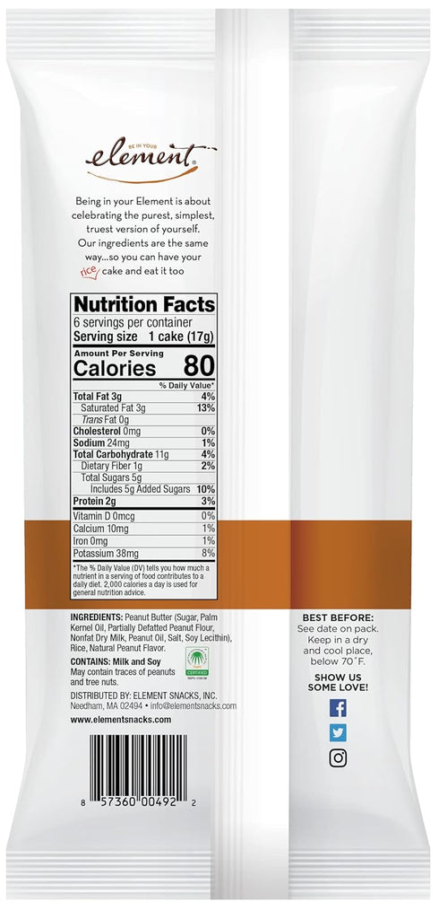 (Pack 8), Element Snacks - Peanut Butter Rice Cakes of All-Natural Rice, Healthy Snacks for Kids or Adults, Non GMO