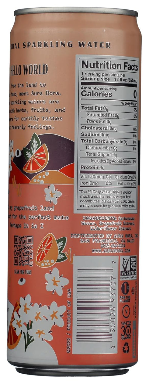 12 Oz, 12 Pack Aura Bora, Elderflower Grapefruit Sparkling Water, Fl