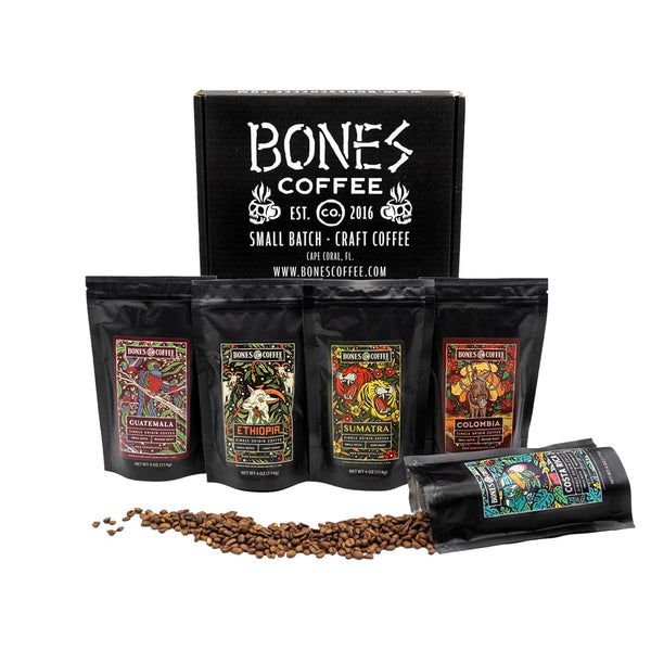 Bones Coffee Company NEW World Tour Sample Pack, Single-Origin Flavored Coffee Low