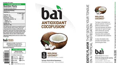 18 Oz. (Pack 6) Bai Cocofusions Molokai Coconut, Antioxidant Infused Beverage, Fl. Bottles