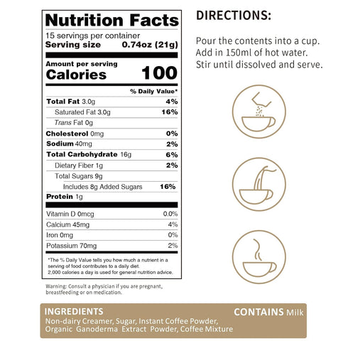 4 1 11.1oz (15 Count) GANOHERB Reishi Mushroom Latte Coffee Powder, in Instant Arabica Coffee with Organic Ganoderma