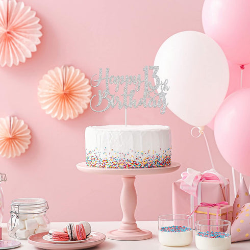 Silver Glitter Happy 13th Birthday Cake Topper - 13th Birthday Party Decoration, 13th Birthday Cake Topper