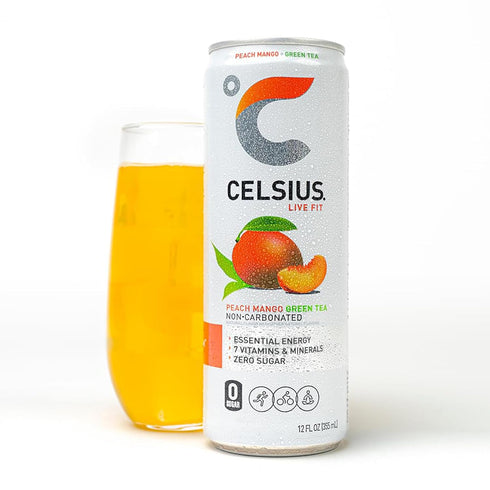 12 Oz (Pack 4) CELSIUS Fizz Free Peach Mango Green Tea, Sugar Free Energy Drink, Fl