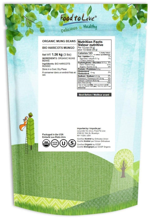 3 Food to Live Organic Mung Beans, Pounds Non-GMO, Whole Dried Beans, Green Gram, Sproutable, Kosher, Sirtfood. Good