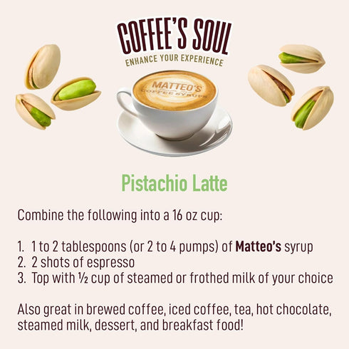 33.8oz (1pk) Matteo's Pistachio Syrup for Coffee, Lattes, Cappuccinos & Desserts Sugar-Free Sweetener for Beverages