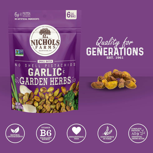 Packs Nichols Farms Pistachios - Fresh Roasted No Shell Pistachio - Nutrient Rich Nuts Snack - Non-GMO, California