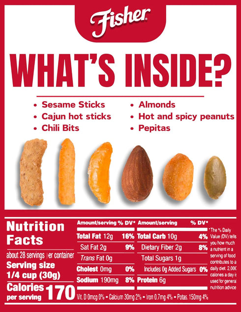 30 oz (Pack 1); Fisher Snack Tex Mex Bulk Trail Mix, of Hot & Spicy Peanuts, Almonds, Salsa Corn Sticks, Sesame Sticks