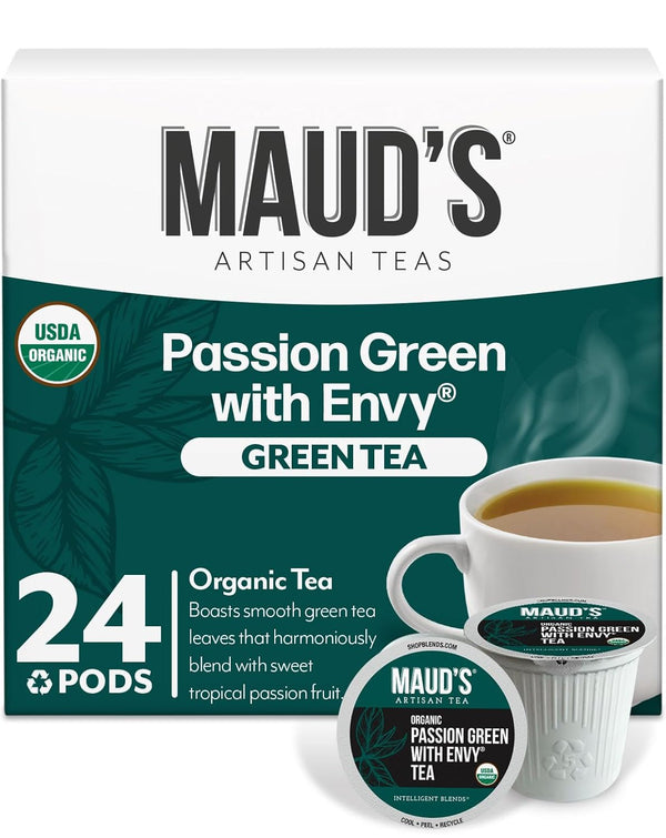 Maud's Organic Passion Green Tea Pods, 24 ct, Recyclable Single Serve Tea Pods Compatible with Keurig K Cups Maker
