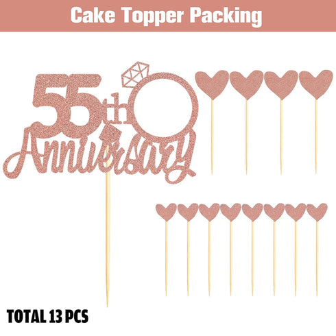 Sumerk 55th Anniversary Cake Topper, 13PCS Rose Gold Glitter Cake Decorations for Wedding Anniversary Celebration Party