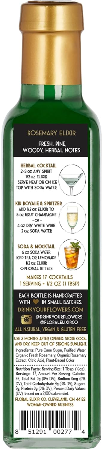 Floral Elixir Co. 8.5 oz - All Natural HERB Syrup for Cocktails & Sodas, (Rosemary)