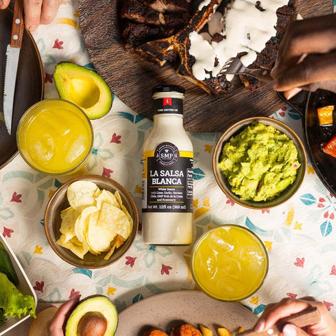 12 oz SMP La Salsa Blanca Lemon Garlic Serrano Dressing with Rosemary & Rub de la Costa Tangy Gourmet Sauce