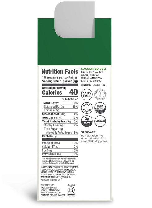 10 10 3.1 Navitas Organics Matcha Latte, Single Serve Pouches, Servings Organic, Non-GMO, Dairy-Free, Ounce