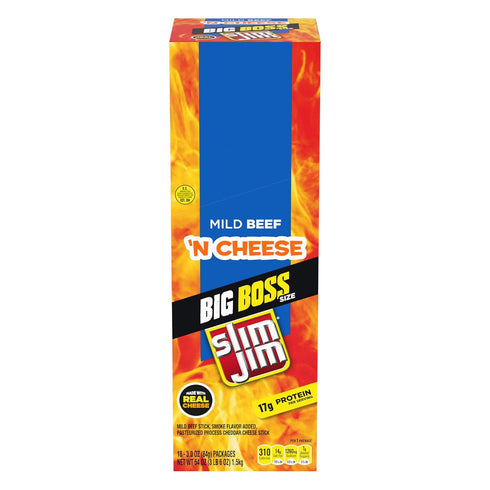 Slim Jim Beef 'N Cheese Smoked Meat Sticks, Mild Flavor, High Protein,