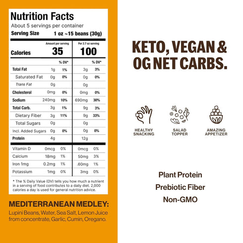 7g 0g 5.3 (Pack 8) BRAMI Lupini Beans Snacks, Mediterranean Medley | Plant Protein, Net Carbs | Vegan, Vegetarian