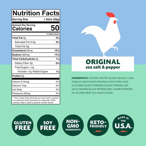 6g 12 Count Mighty Spark Chicken Snack Sticks - Original Sea Salt & Pepper- of Protein, No Antibiotics Ever, No