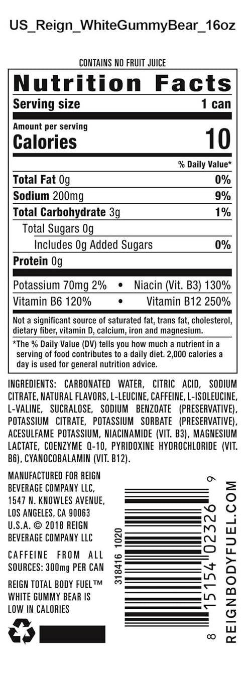 Gummy 16 Oz (Pack 12) Reign Total Body Fuel, White Bear, Fitness & Performance Drink, Fl