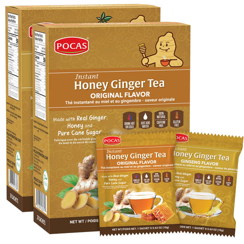 Pocas Honey Ginger Instant Tea Powder, Original & Ginseng Variety 2-Pack, Ginger Extract