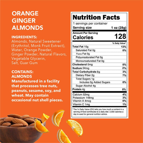 1oz, 8 Pack Earthside Farms Orange Ginger Almonds Low Sugar, Keto-Friendly Candied Almonds Gluten-Free Vegan Snack