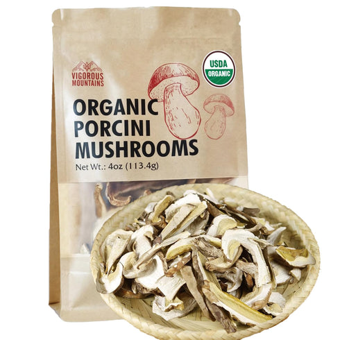 VIGOROUS MOUNTAINS 4oz Dried Organic Porcini Mushrooms, Umami Dried Mushrooms for Cooking