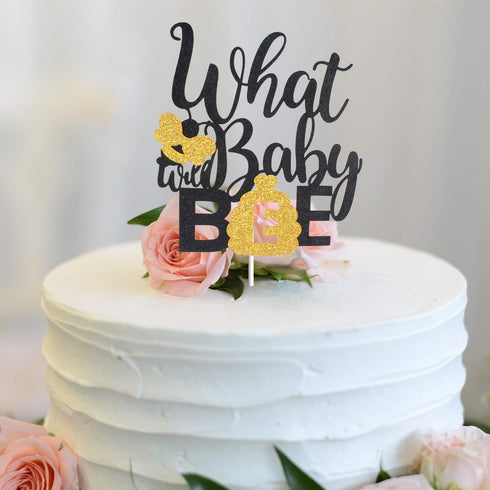 What Will Baby Bee Gender Reveal Cake Topper - Gold Glitter Bumble Honey Bee Honeycomb Cake Décor for Baby Shower