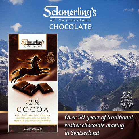72% 3.5oz (Pack 5) Schmerling's Dark Swiss Chocolate - Cocoa - All Natural Chocolate - Vegan - Gluten Free - Paleo