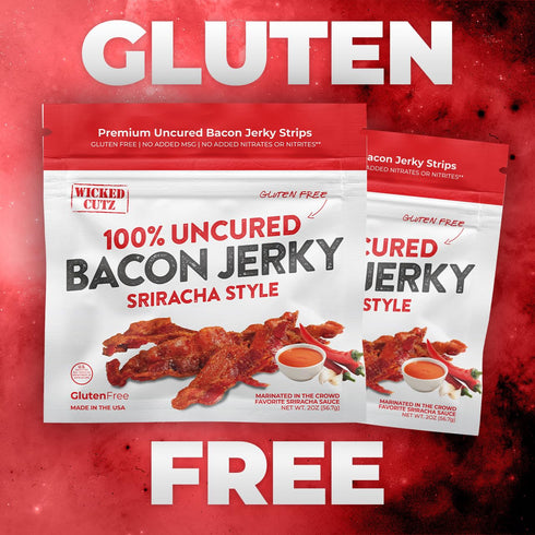 12g (2 Sriracha Flavored Bacon Jerky, Protein Per Bag, Tender & Easy to Chew Fully Cooked Bacon, USA Made, High Protein