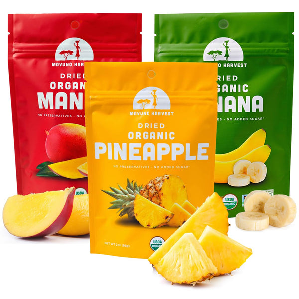 Mavuno Harvest Organic Dried Fruit Variety Pack, Dried Mango, Pineapple, Banana, 2 Ounce, Pack of 3, Vegan Snacks