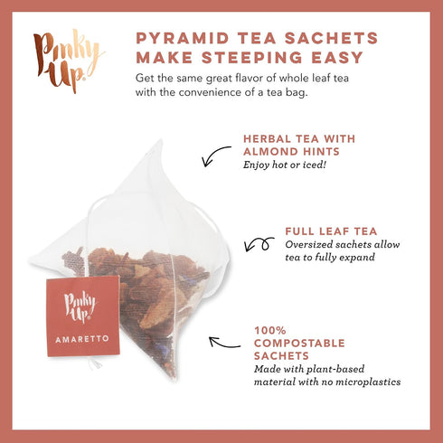 1.6 oz, 15 Pinky Up Amaretto Herbal Tea, Caffeine-Free Herbal Tea with Almond, Hibiscus, and Rosehips, Compostable