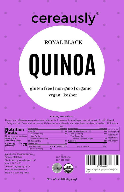 Cereausly 10 LB Organic Black Quinoa Premium Royal Quinoa from Bolivia Kosher and Non-GMO Quinoa Bulk Vegan