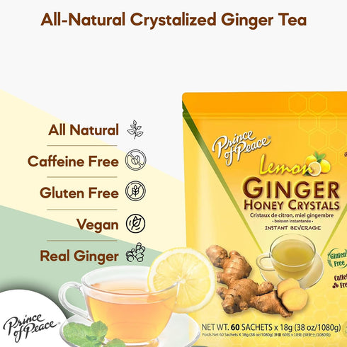 60 Prince of Peace Instant Ginger Honey Crystals with Lemon, Sachets Instant Hot or Cold Beverage Easy to Brew Drink