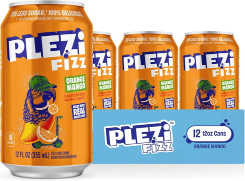 12 Oz (24 PLEZi FiZZ Orange Mango & Cherry Limeade Sparkling Juice Bundle No Added Sugar, Low Sugar Soda Alternative