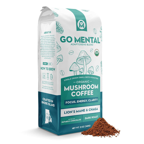 Organic Lion's Mane & Chaga Mushroom Coffee Ground Dark Roast, Full Fruiting