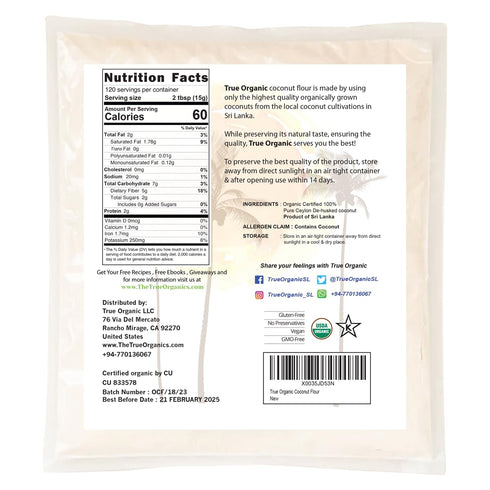 4 64 Oz True Organic Ceylon Coconut Flour, Pound / Bulk Bag, Certified Organic, USDA & Kosher Certified, Non-GMO