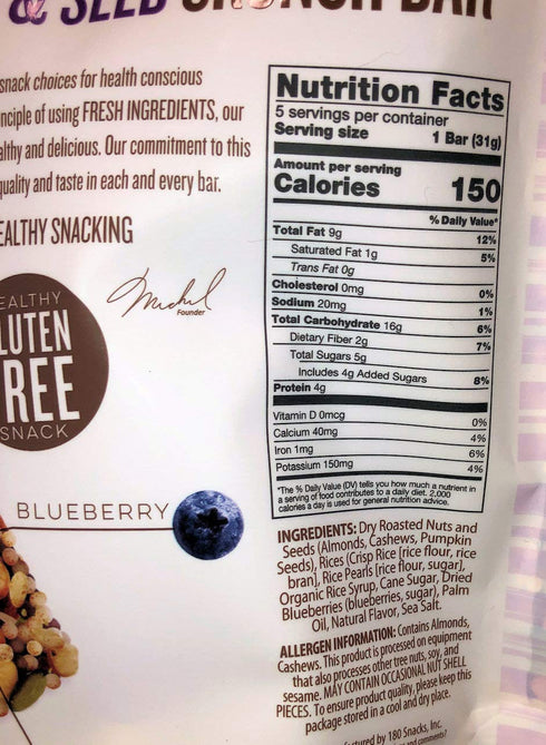 180 Snacks Fruit Nut & Seed Crunch Bar, 1 Pack, 5 Snack Bars (Blueberry)