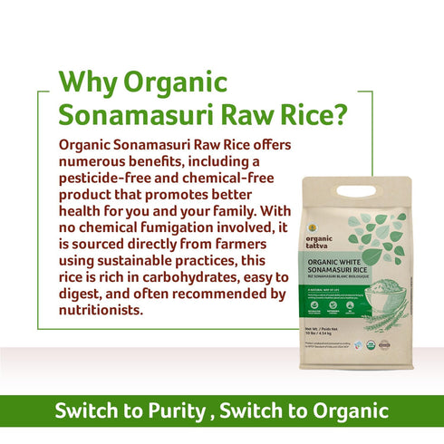 (10 lbs) Organic Tattva Sonamasuri Rice - Organic Medium Grain Rice - Lightweight - Natural Aroma - No Additive - Vegan