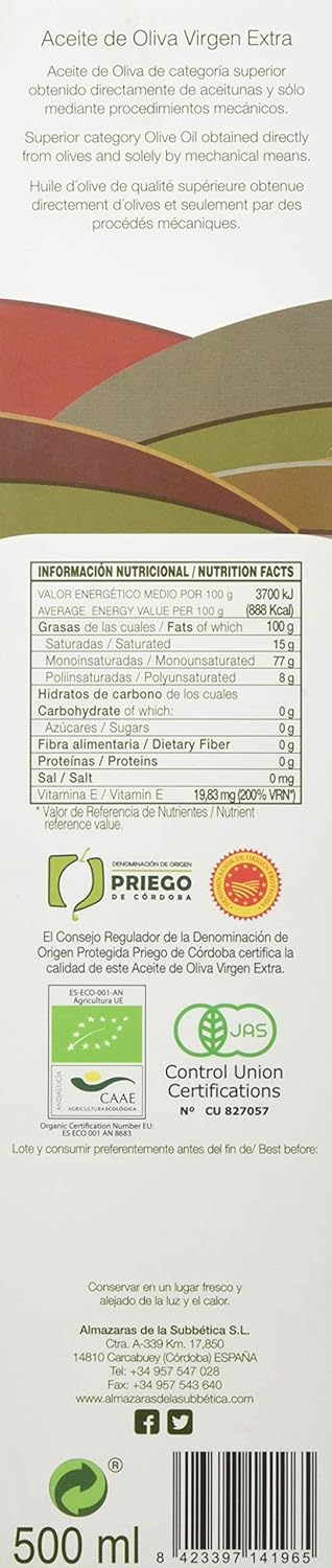 Rincon de la Subbetica 16.9-Ounce - Award Winning, Organic Cold Pressed EVOO Extra Virgin Olive Oil, Glass Bottle