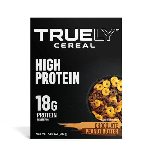 18 4 4 7.05 oz TRUELY Protein Cereal Variety Cocoa, Fruity, Chocolate Peanut Butter, Honey Flavors | g Protein, g Sugar