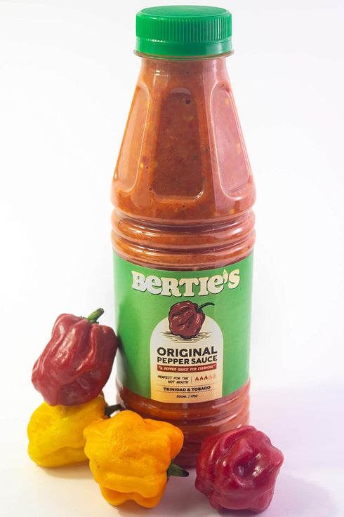 Bertie's Original Pepper Sauce, 17 Oz/500ml | Fresh Trinidad Moruga Red & Scotch Bonnet Peppers