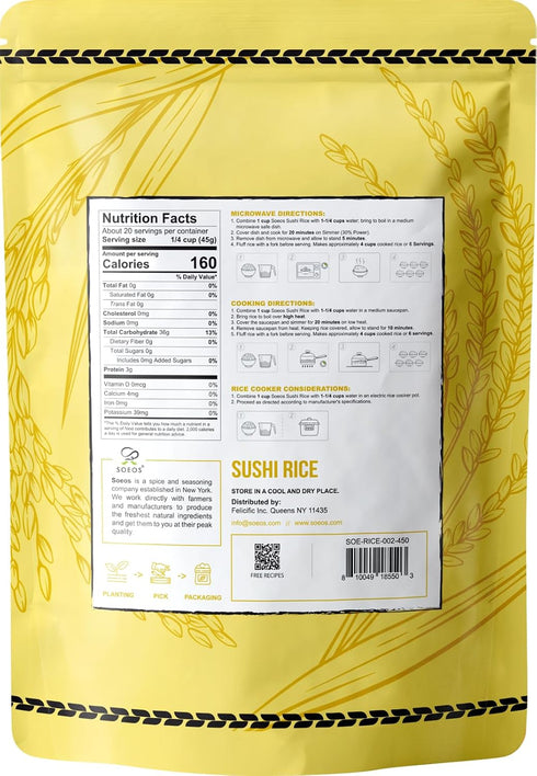 2 (32 Soeos Sushi Rice, Medium Grain, White Sticky Rice for Sushi Rolls and Japanese Food, Calrose Rice, Pound Ounce)