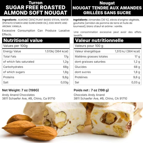 (Pack 2) ANDY ANAND CHOCOLATIER Sugar Free Almond Soft Nougat Brittle, Made in Italy, Gluten Free Nougat Candy Turrones