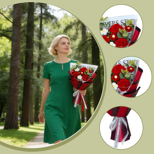 WeiLaiKeQi Crochet Flower Bouquet Knitted Flowers from for Birthday Valentines Day Girlfriend Mom Women, Red