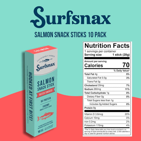 Surfsnax Omega-3's, Whole30, 10 Count Salmon Jerky Snack Sticks - Sustainably Farmed Beechwood Smoked Salmon Jerky