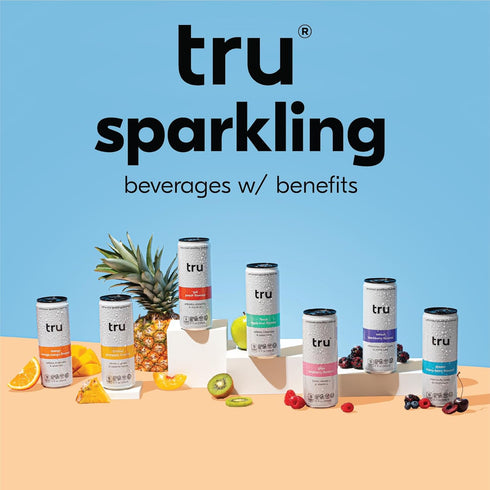12 OZ 12 Pack Tru Glow Seltzer, Sparkling Water with Biotin, Vitamin C, Vitamin A & Real Raspberry Juice, Sweetened