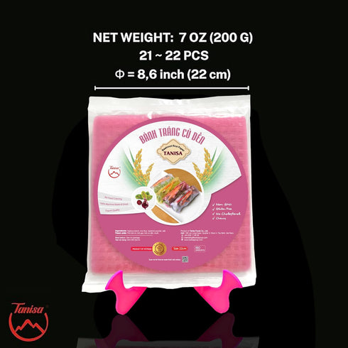 TANISA Square Beetroot Rice Paper Wrappers for Spring Rolls, 8.7 inch, 7 oz, Gluten Free, Natural Pink Banh Trang