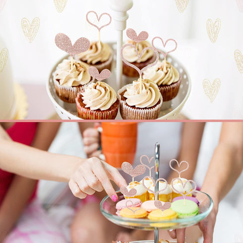 Fuutreo 48 Pcs Glitter Heart Cupcake Toppers, Wedding Cake Decorations for Valentines Day, Bridal Shower Party Supplies