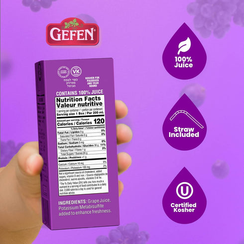 6.75oz (27 Pack) 100% Gefen Grape juice Box Drink, Grape Juice, Tasty & Refreshing, Kosher for Passover, Drinking Straw